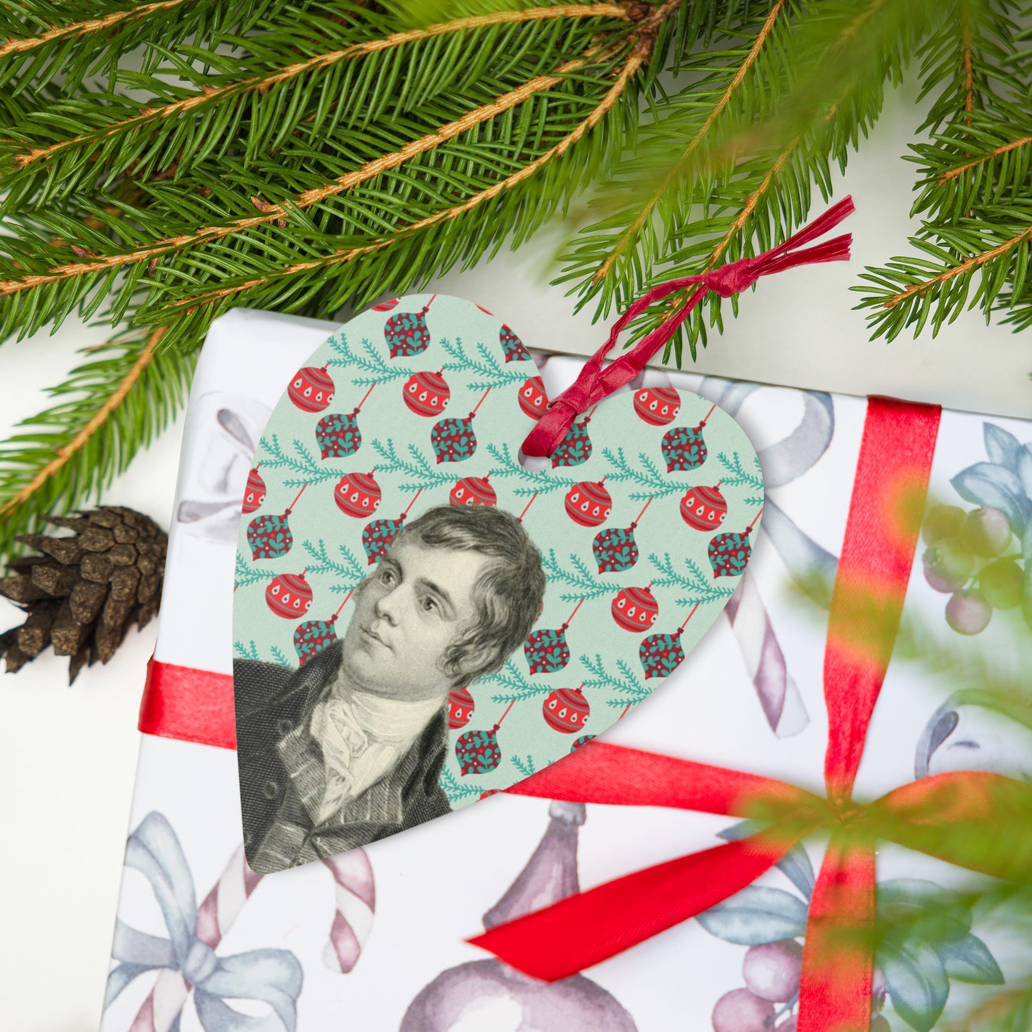 Robert Burns heart-shaped wooden Christmas ornament