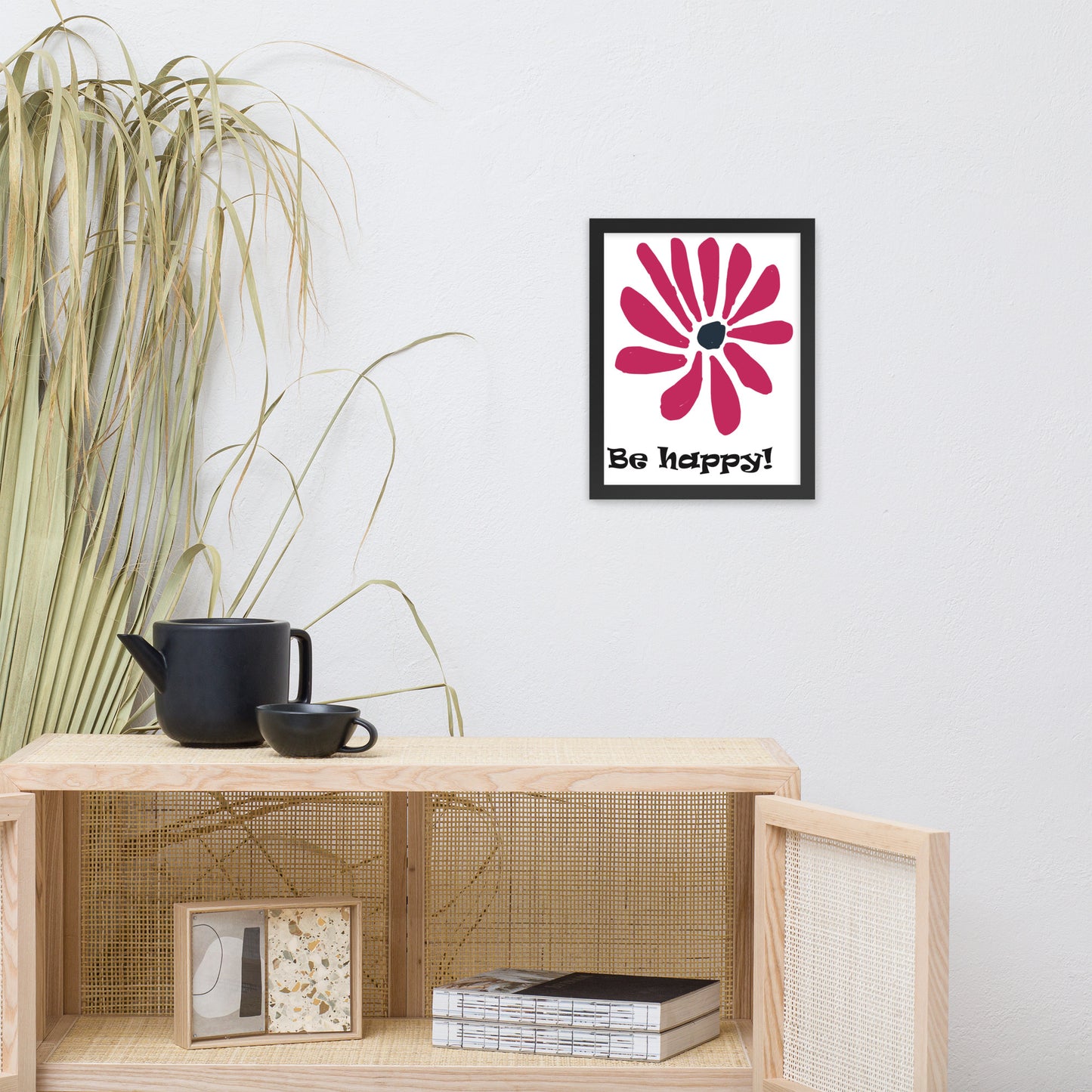 Be happy! abstract flower, framed poster, designed by John Pierce.