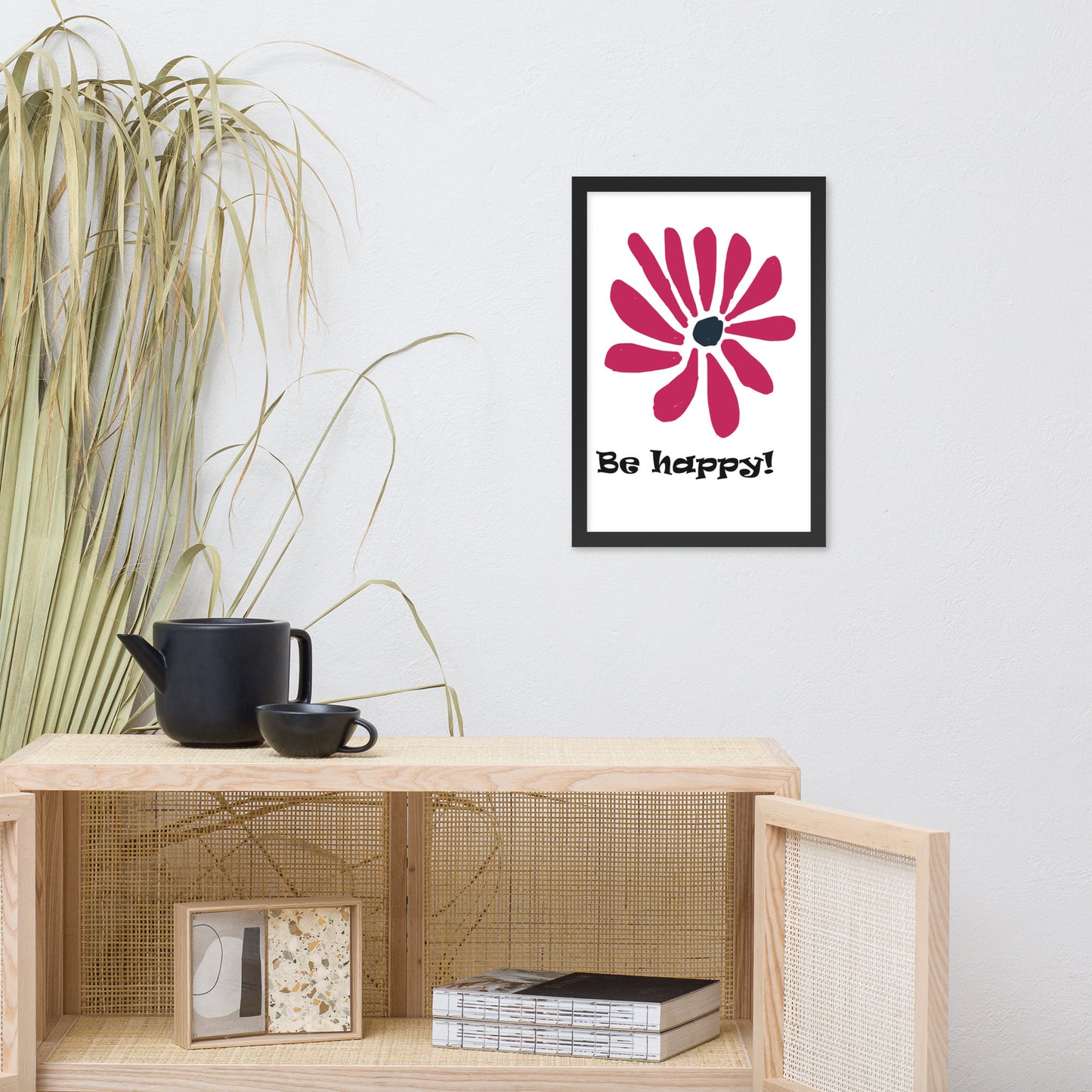 Be happy! abstract flower, framed poster, designed by John Pierce.