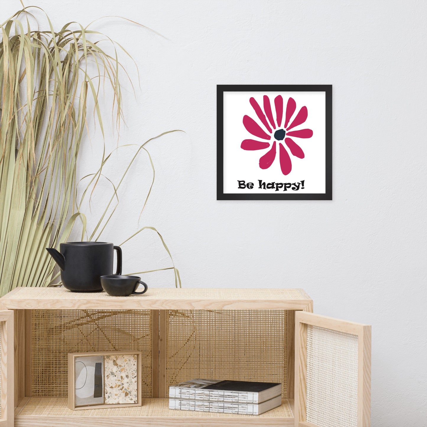 Be happy! abstract flower, framed poster, designed by John Pierce.