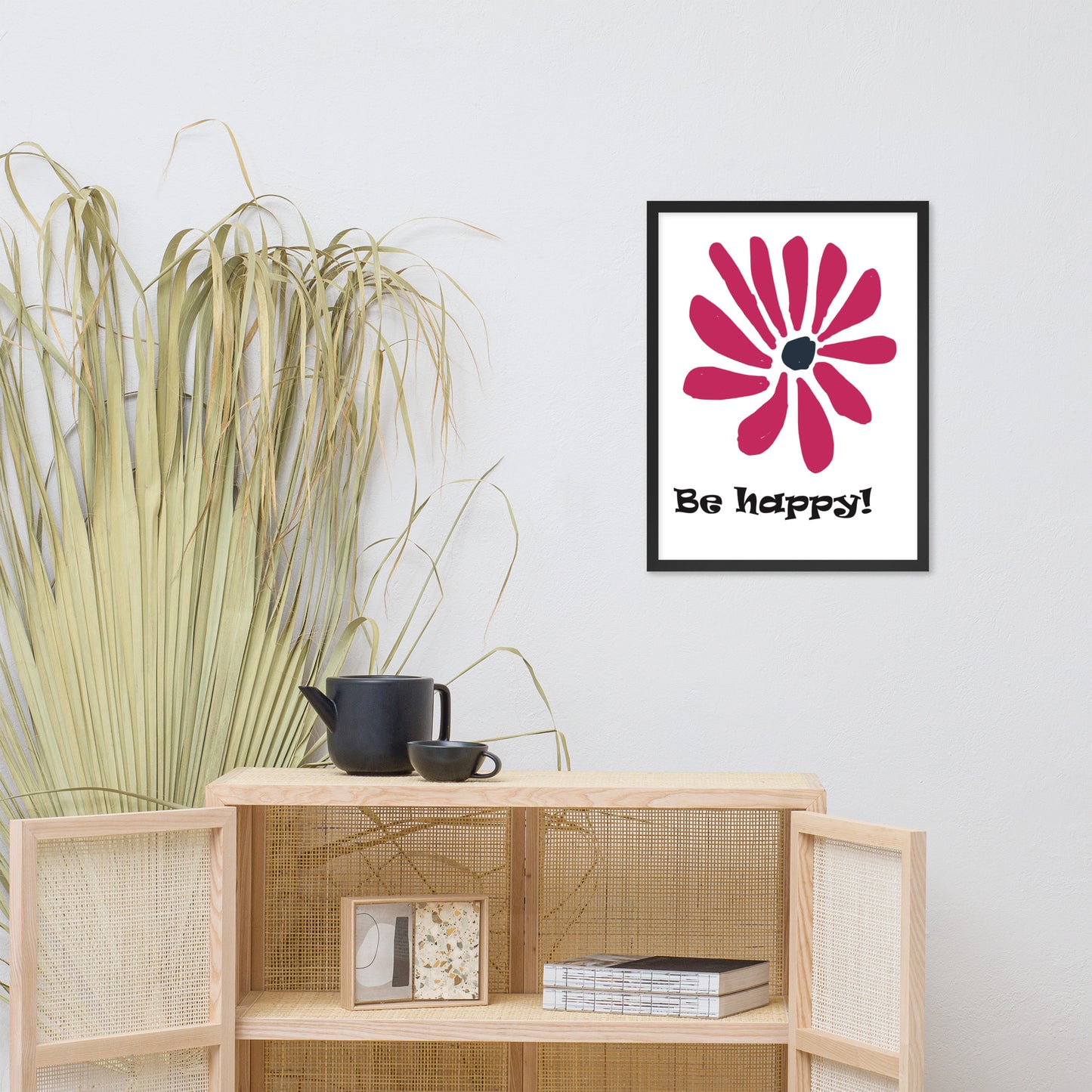 Be happy! abstract flower, framed poster, designed by John Pierce.