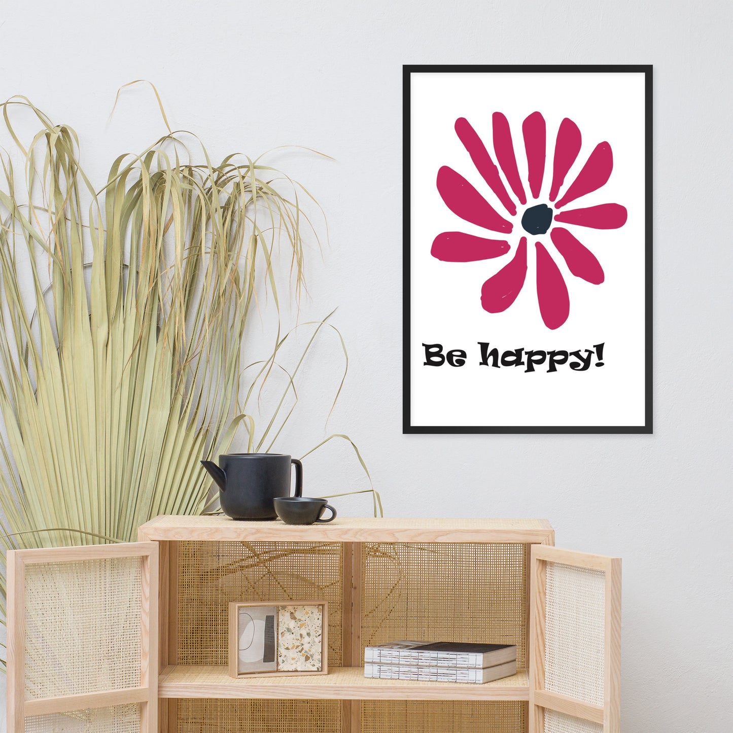 Be happy! abstract flower, framed poster, designed by John Pierce.