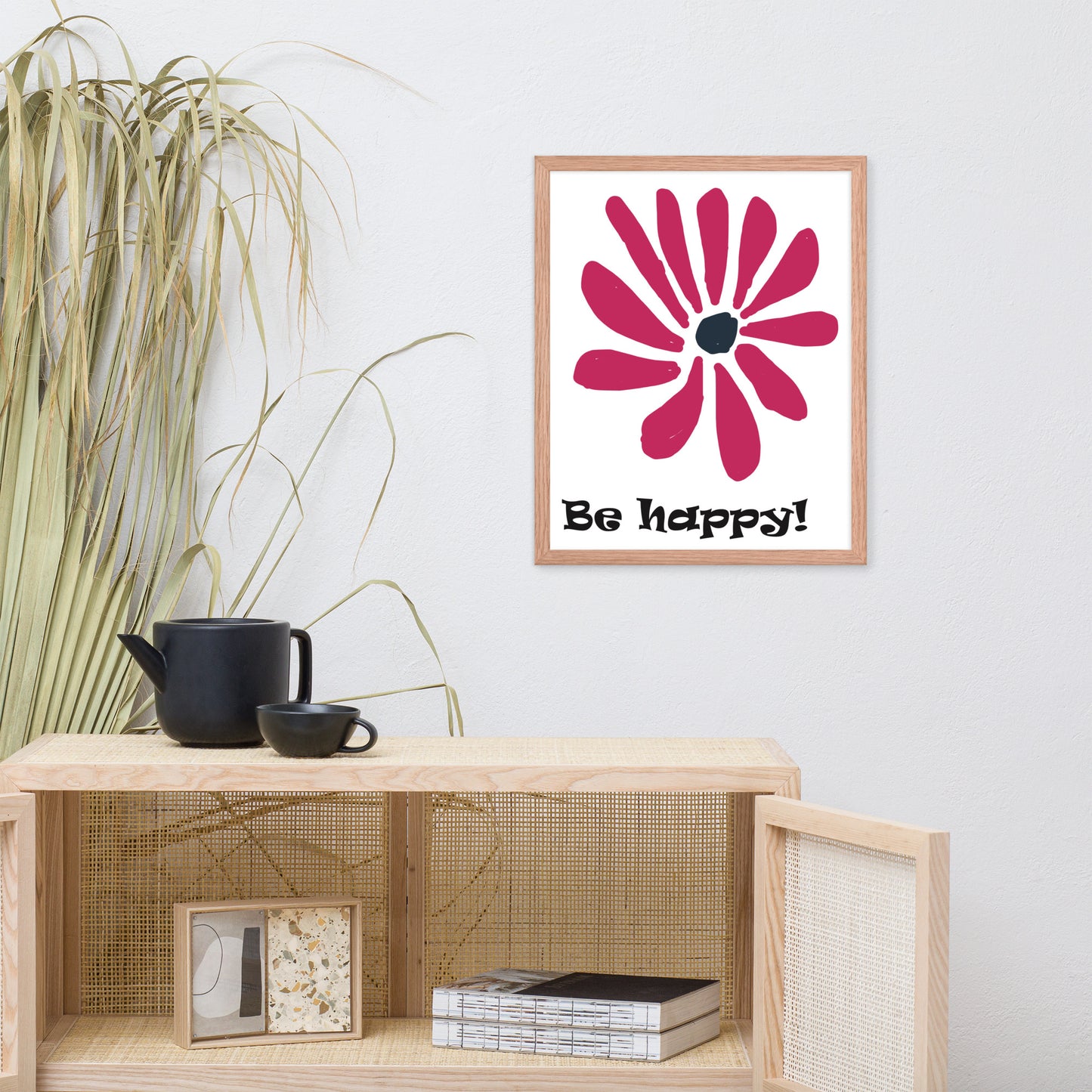 Be happy! abstract flower, framed poster, designed by John Pierce.