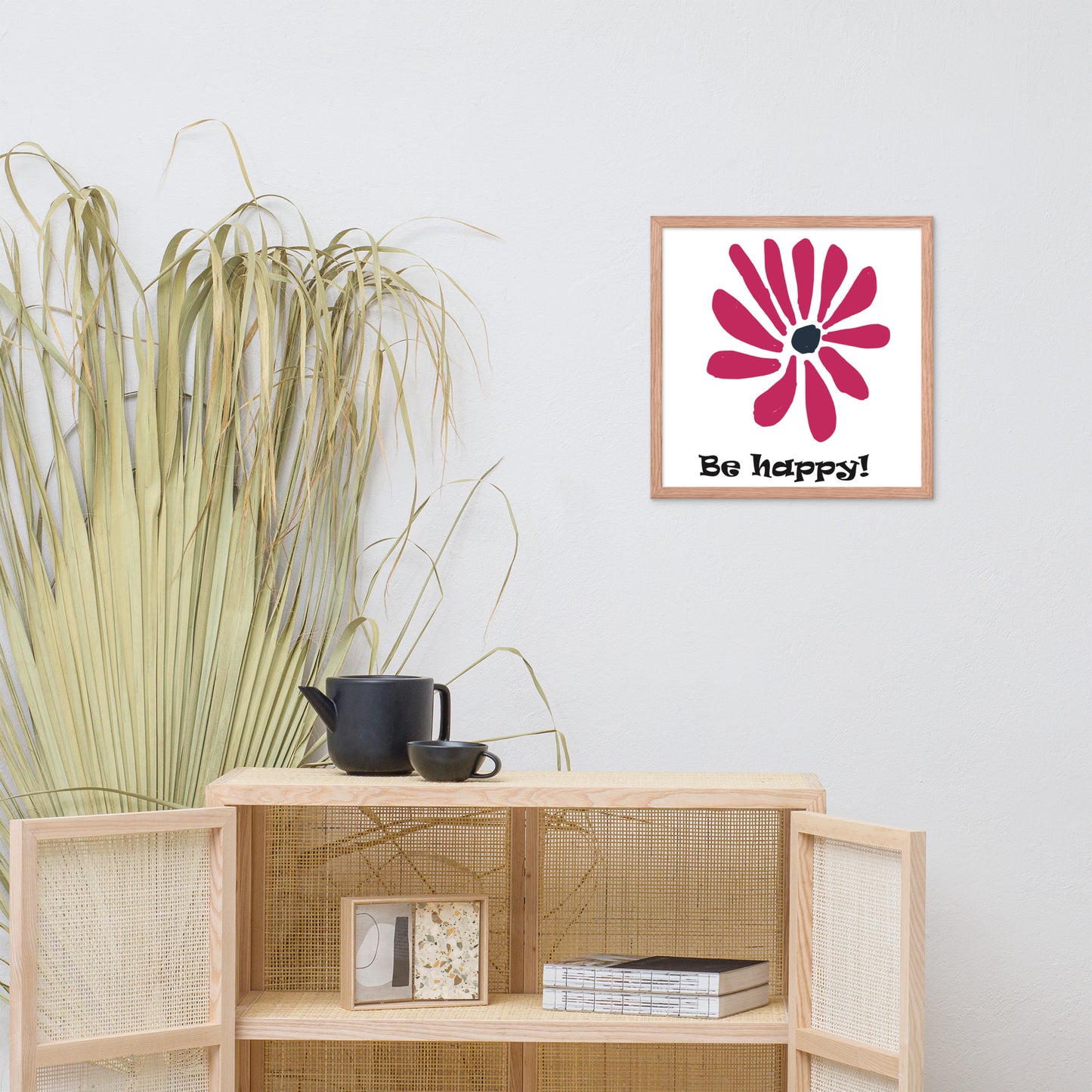 Be happy! abstract flower, framed poster, designed by John Pierce.