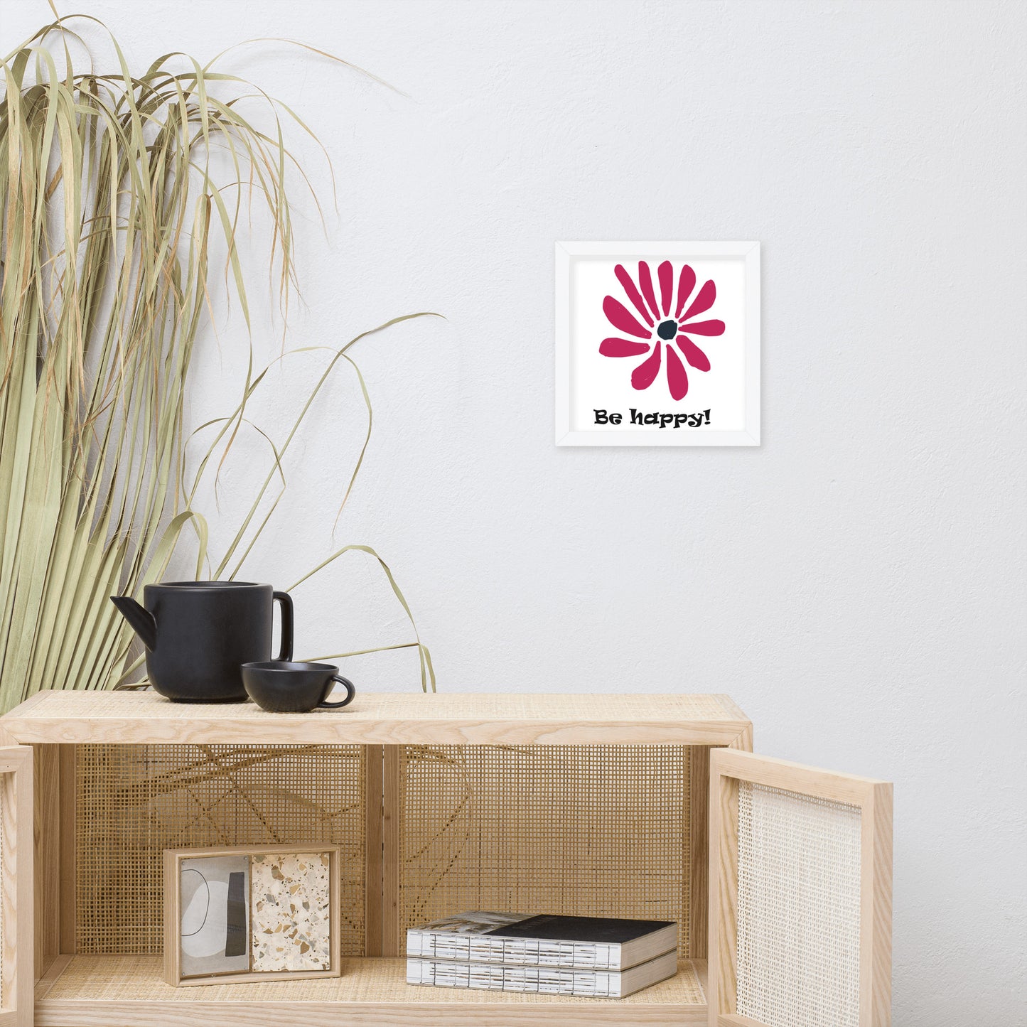 Be happy! abstract flower, framed poster, designed by John Pierce.
