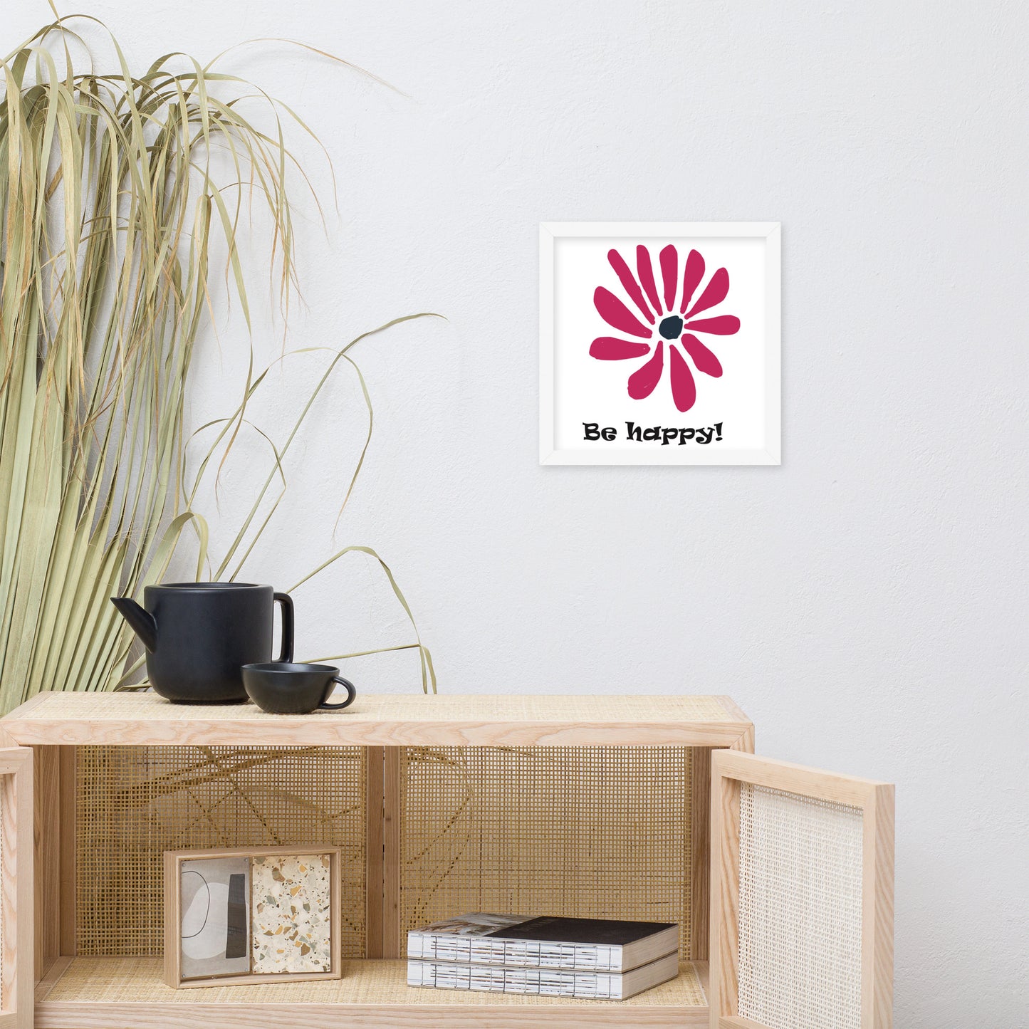Be happy! abstract flower, framed poster, designed by John Pierce.