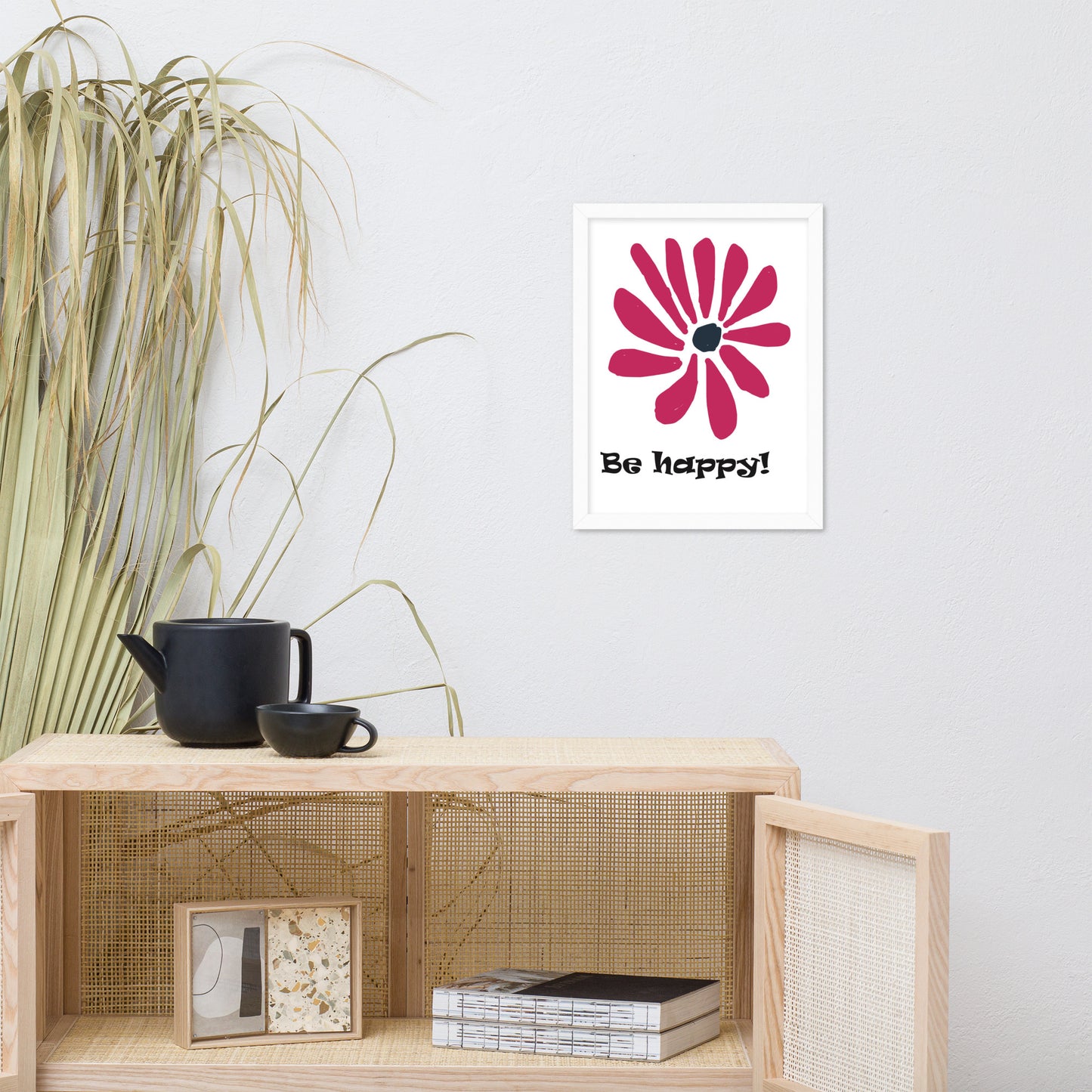 Be happy! abstract flower, framed poster, designed by John Pierce.