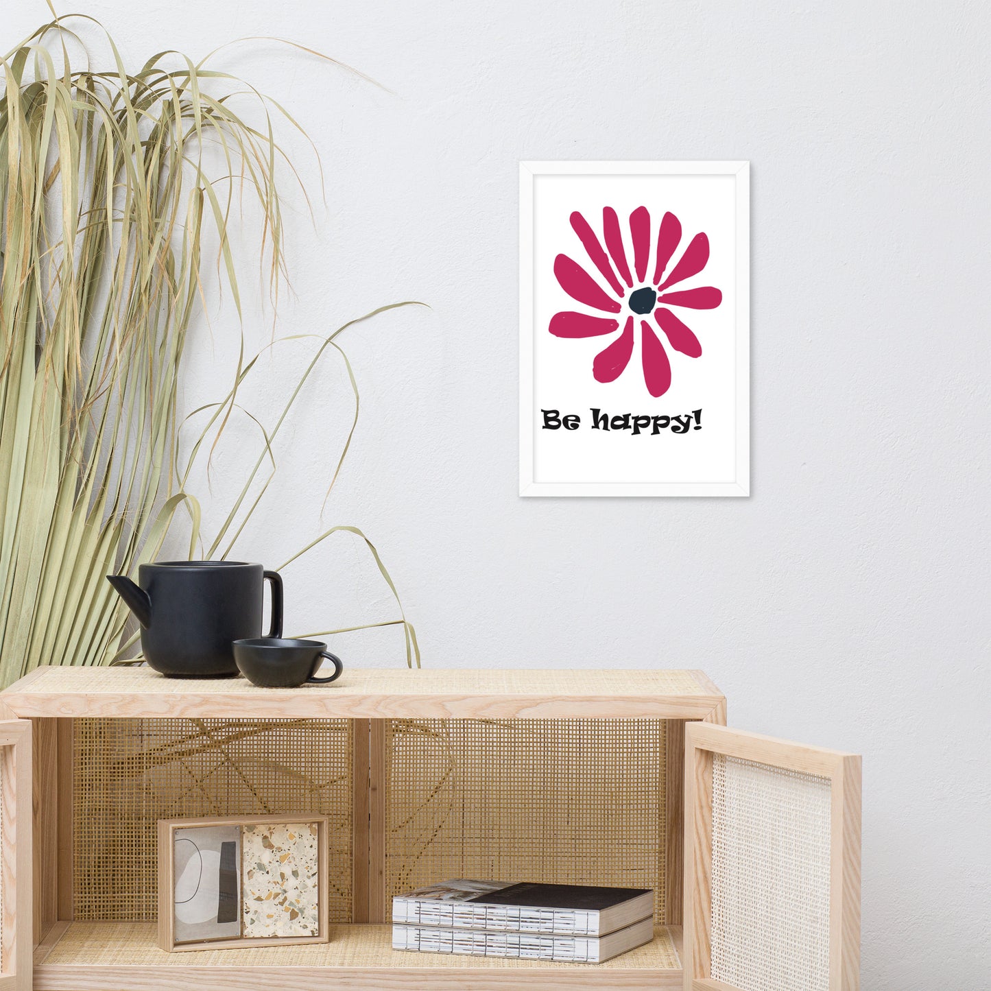 Be happy! abstract flower, framed poster, designed by John Pierce.