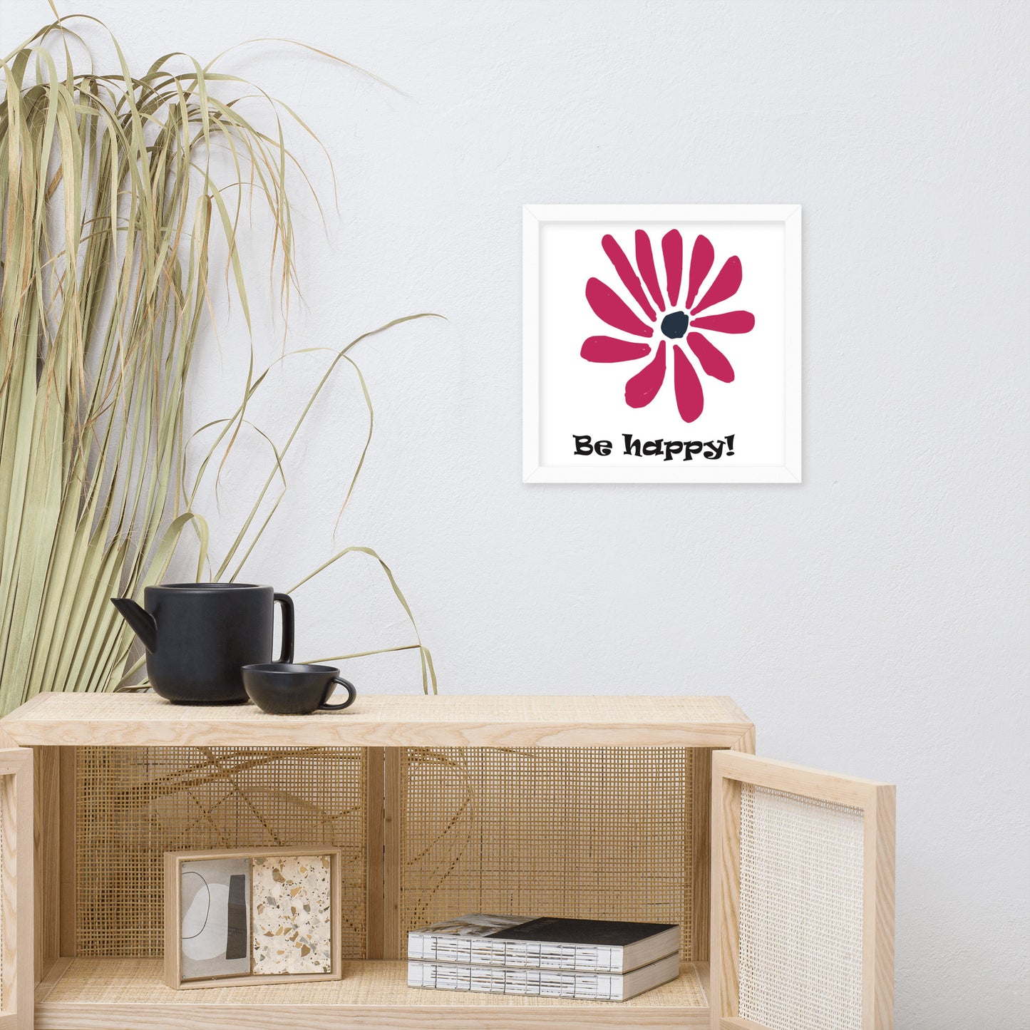 Be happy! abstract flower, framed poster, designed by John Pierce.