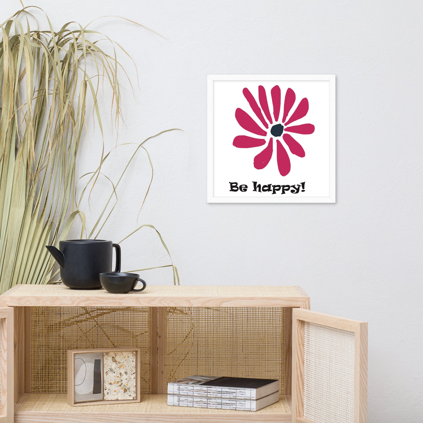 Be happy! abstract flower, framed poster, designed by John Pierce.