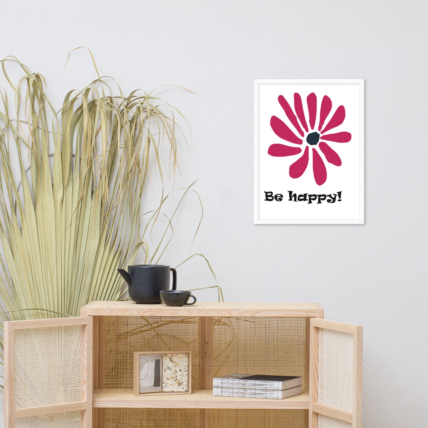 Be happy! abstract flower, framed poster, designed by John Pierce.