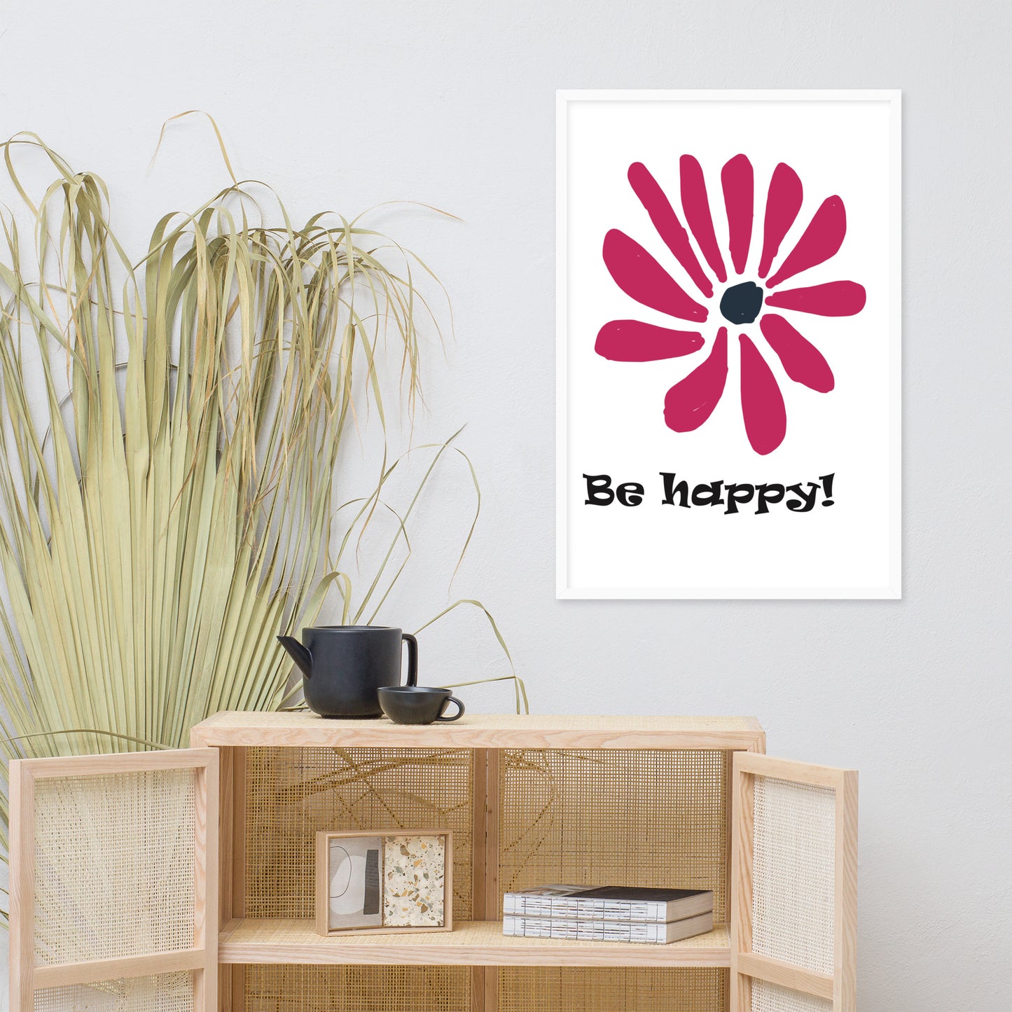 Be happy! abstract flower, framed poster, designed by John Pierce.