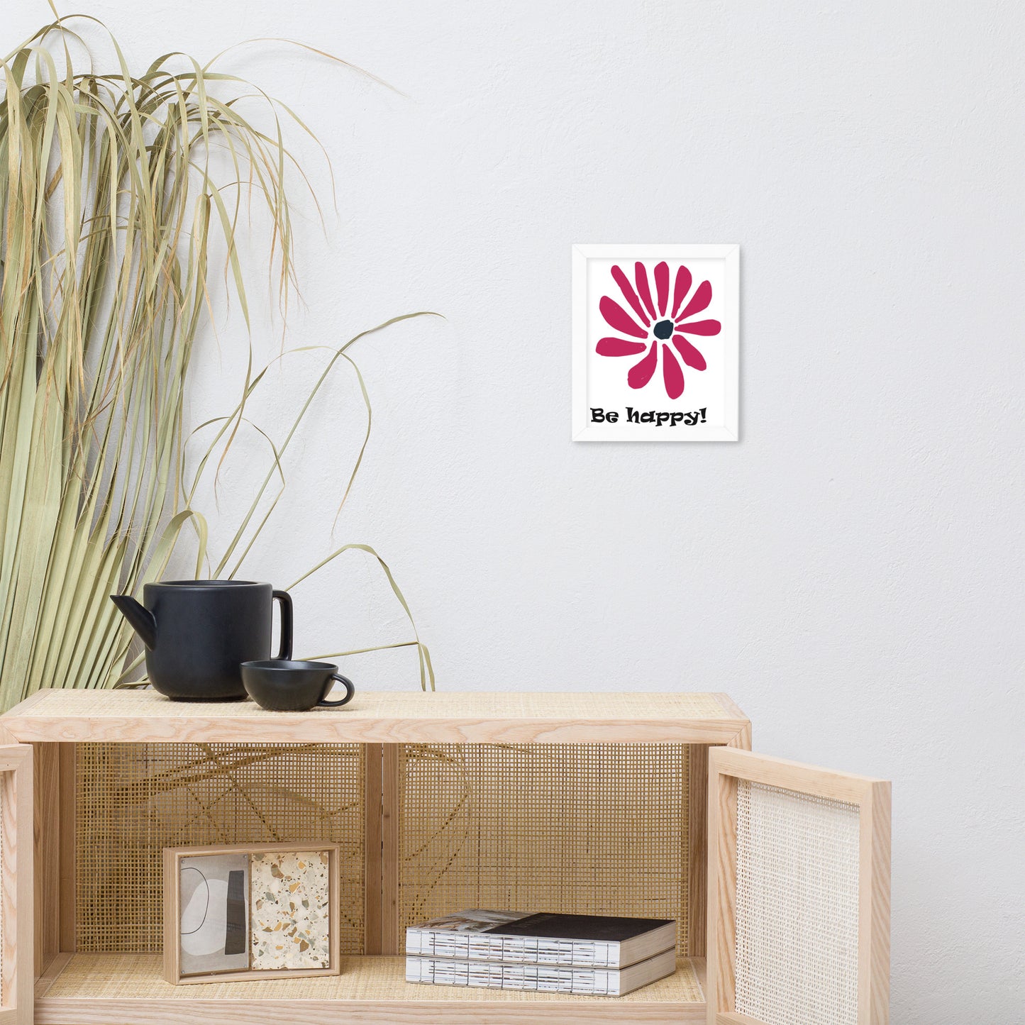 Be happy! abstract flower, framed poster, designed by John Pierce.
