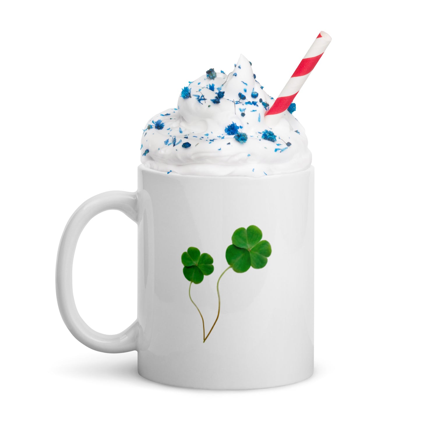Sláinte! white glossy mug, with image of shamrocks