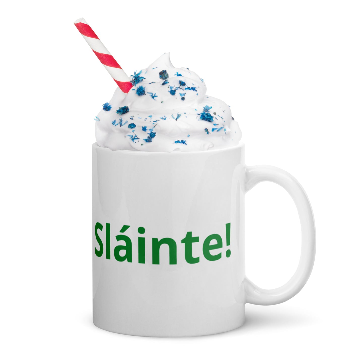 Sláinte! white glossy mug, with image of shamrocks