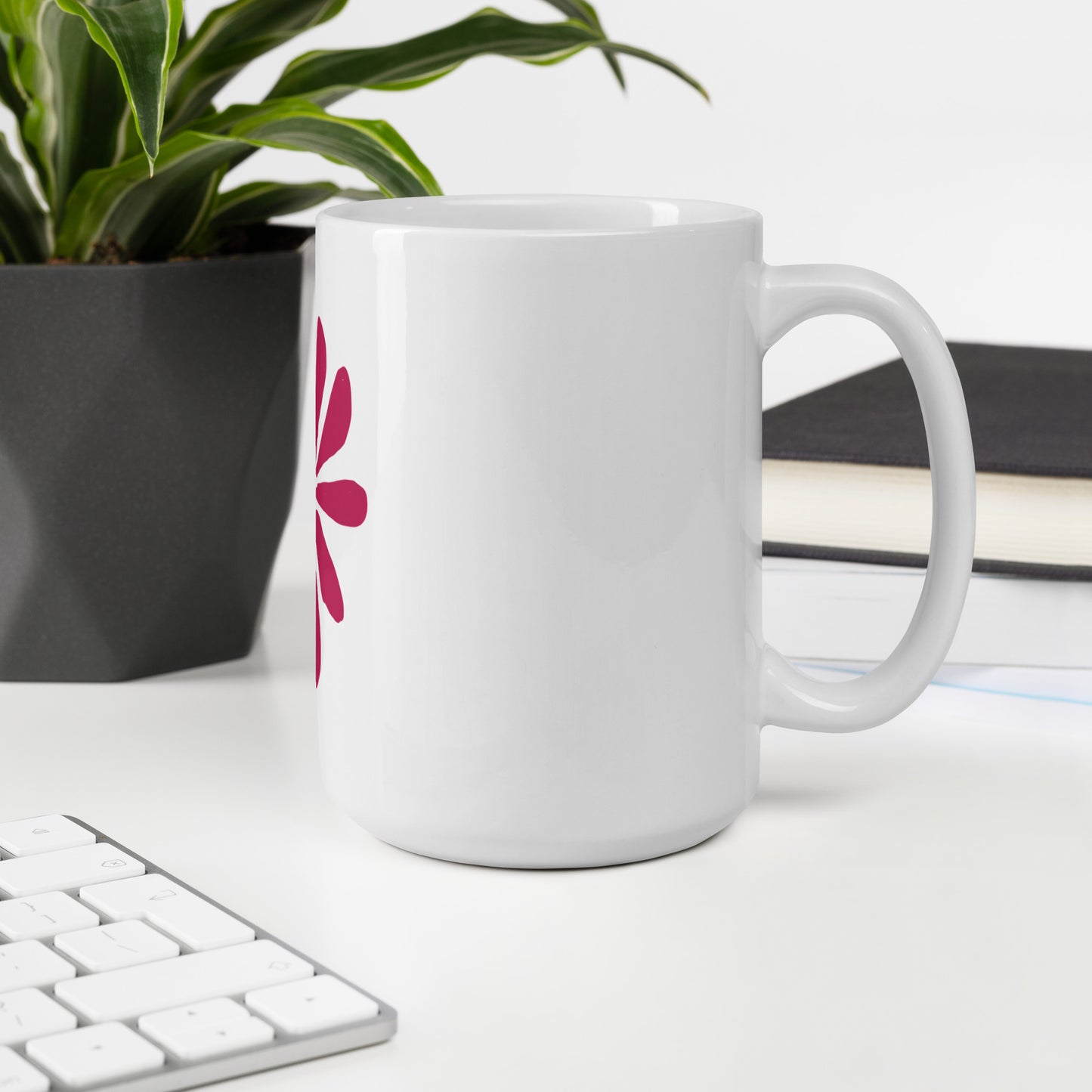 White glossy mug depicting abstract flower