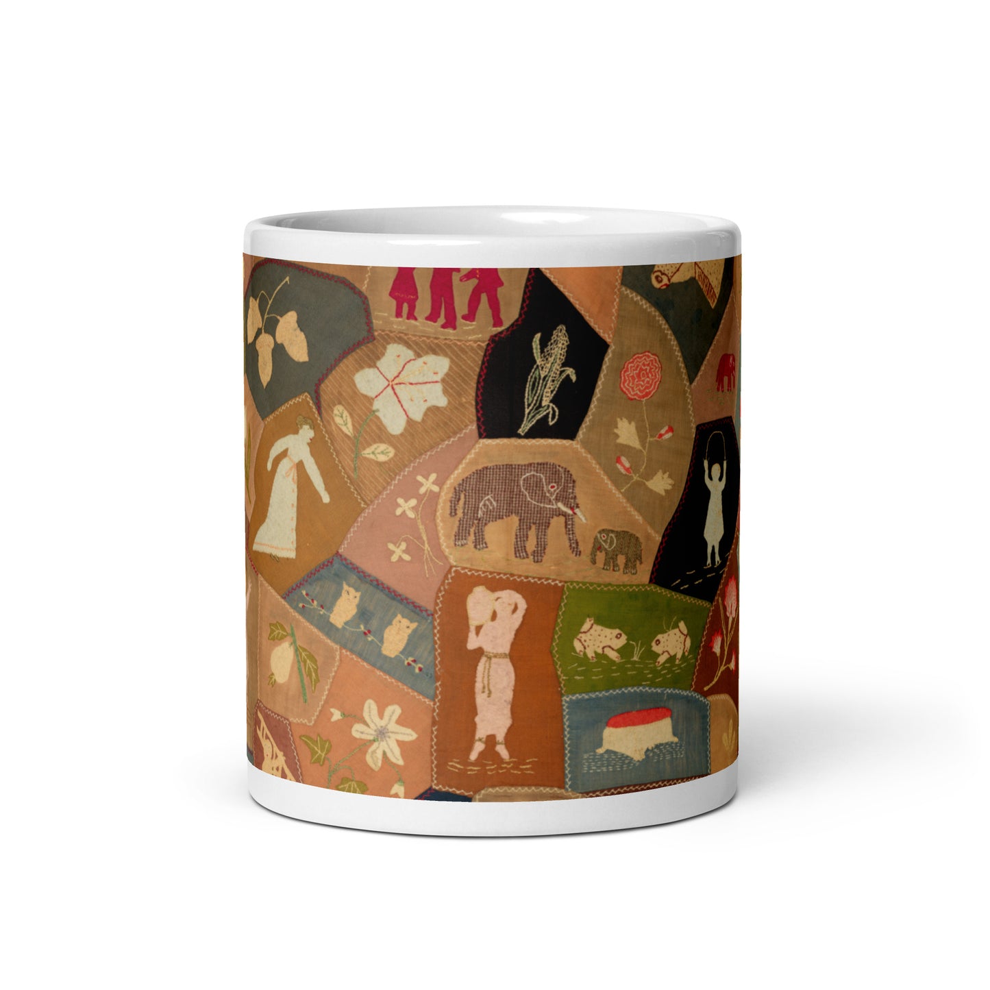 Crazy-quilt design white glossy mug