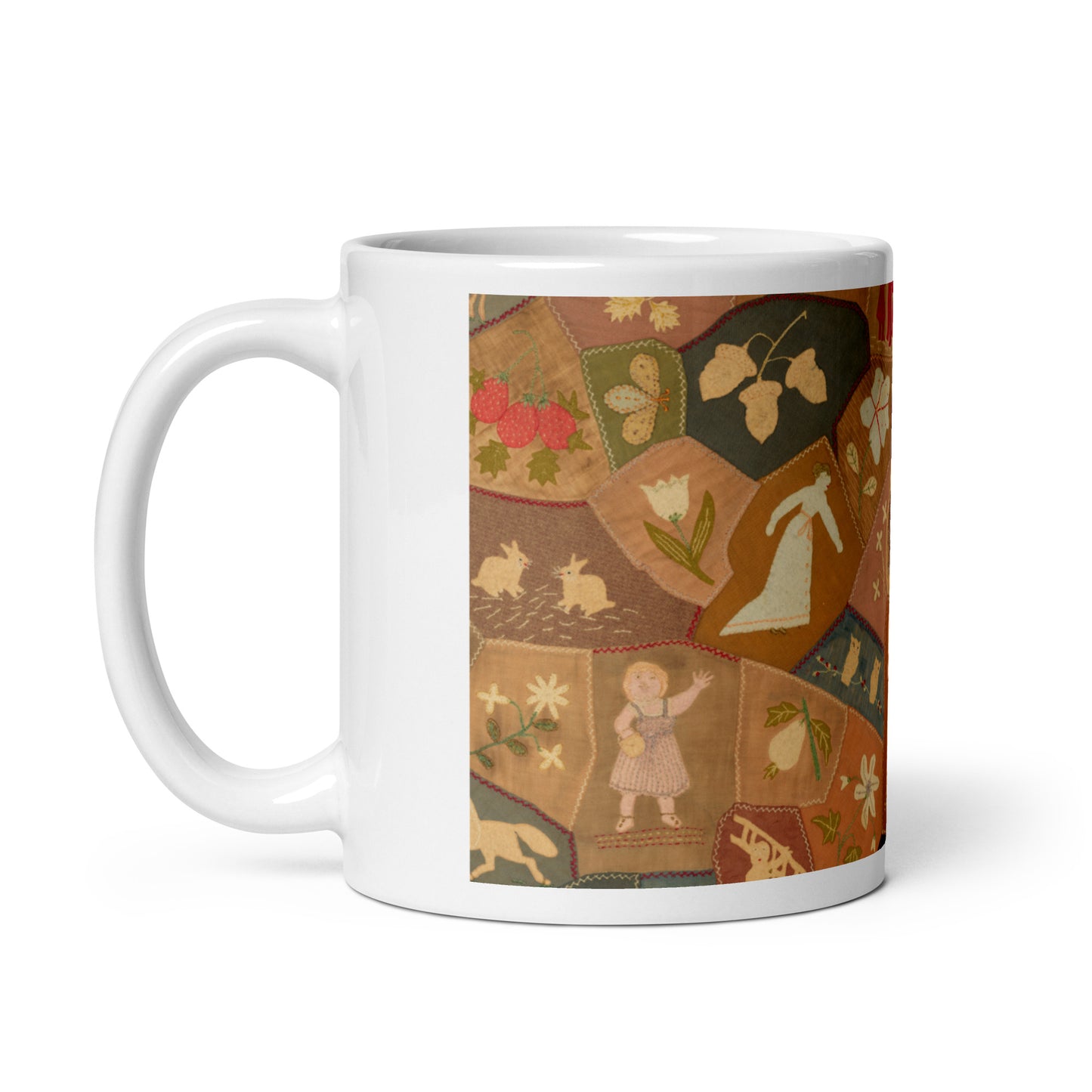 Crazy-quilt design white glossy mug