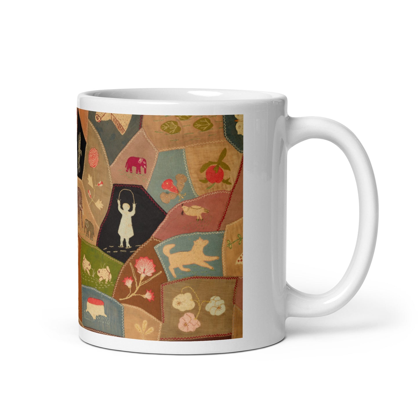 Crazy-quilt design white glossy mug