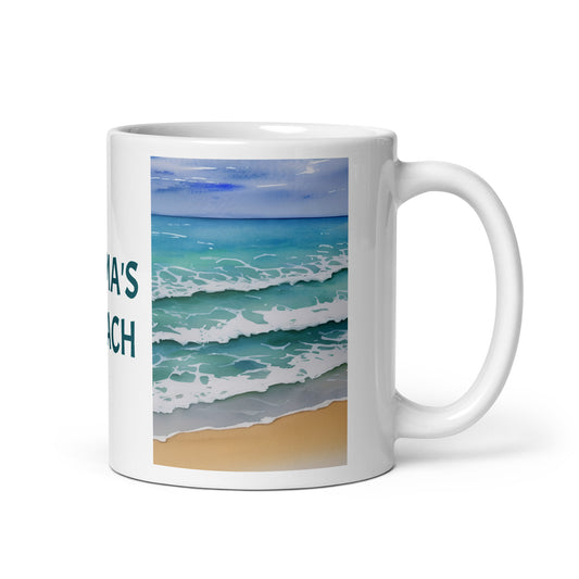 Karma's a beach. White glossy mug.