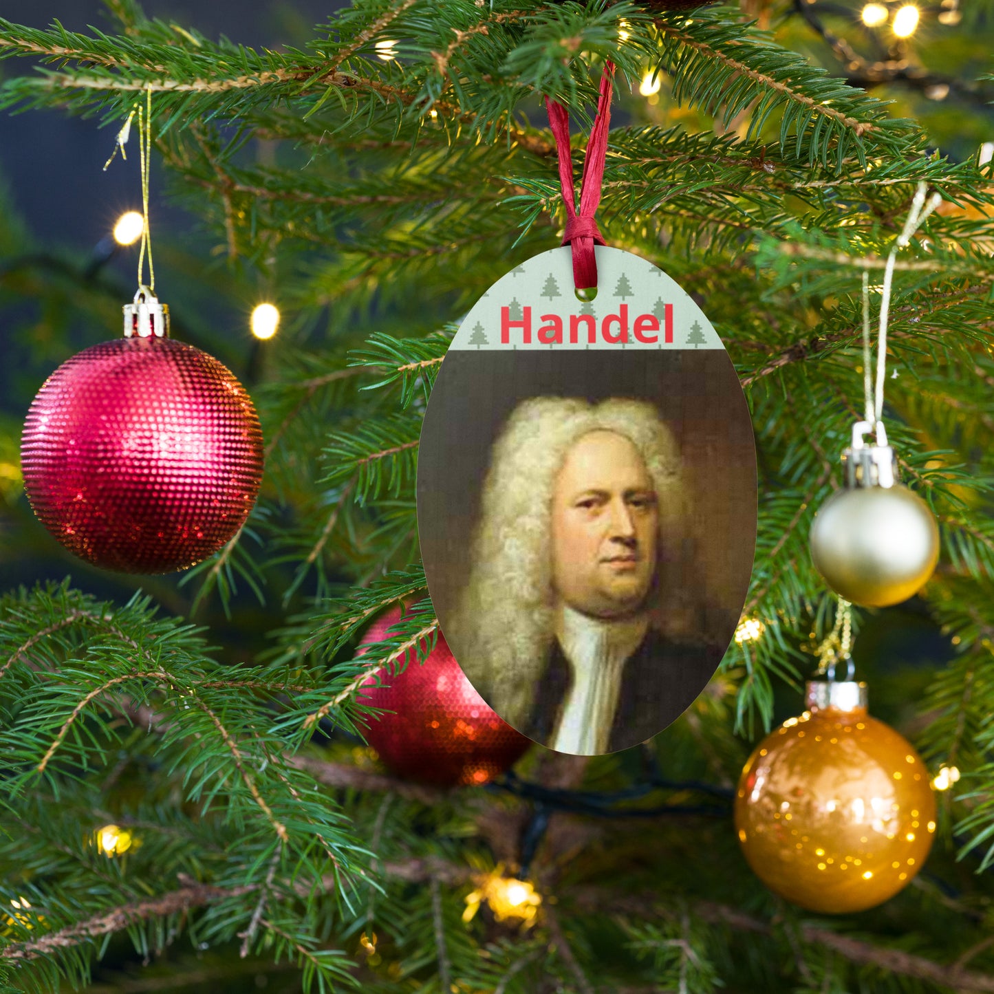 Handel "unto us a child is born" wooden Christmas ornament