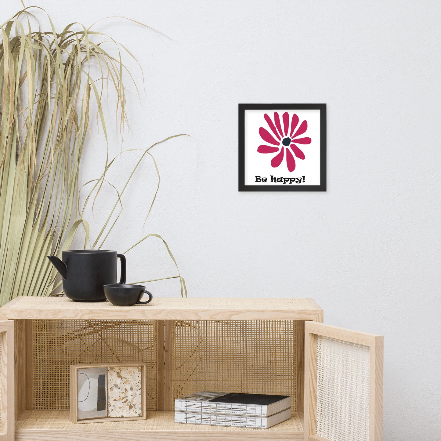 Be happy! abstract flower, framed poster, designed by John Pierce.