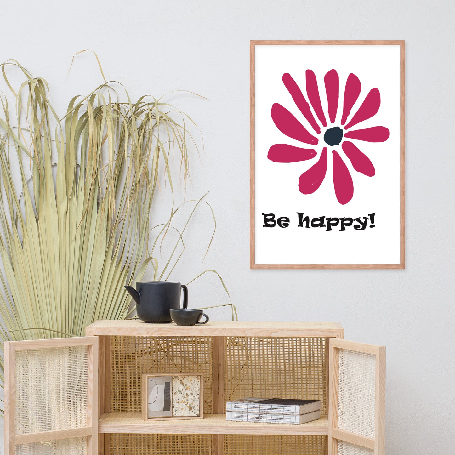 Be happy! abstract flower, framed poster, designed by John Pierce.