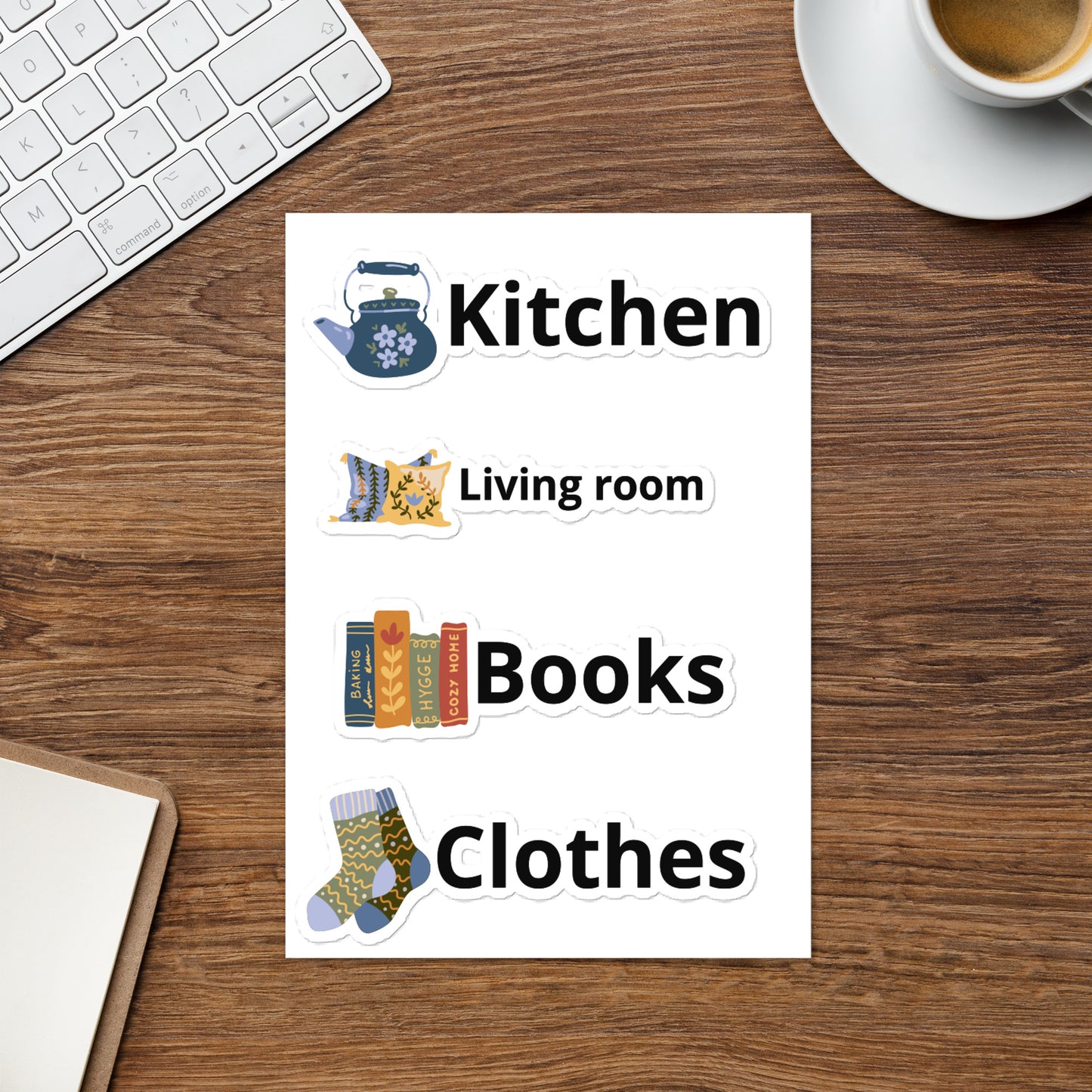 Sticker sheet:  kitchen, books, living room, clothes.