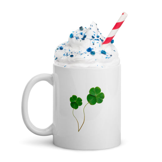 Sláinte! white glossy mug, with image of shamrocks