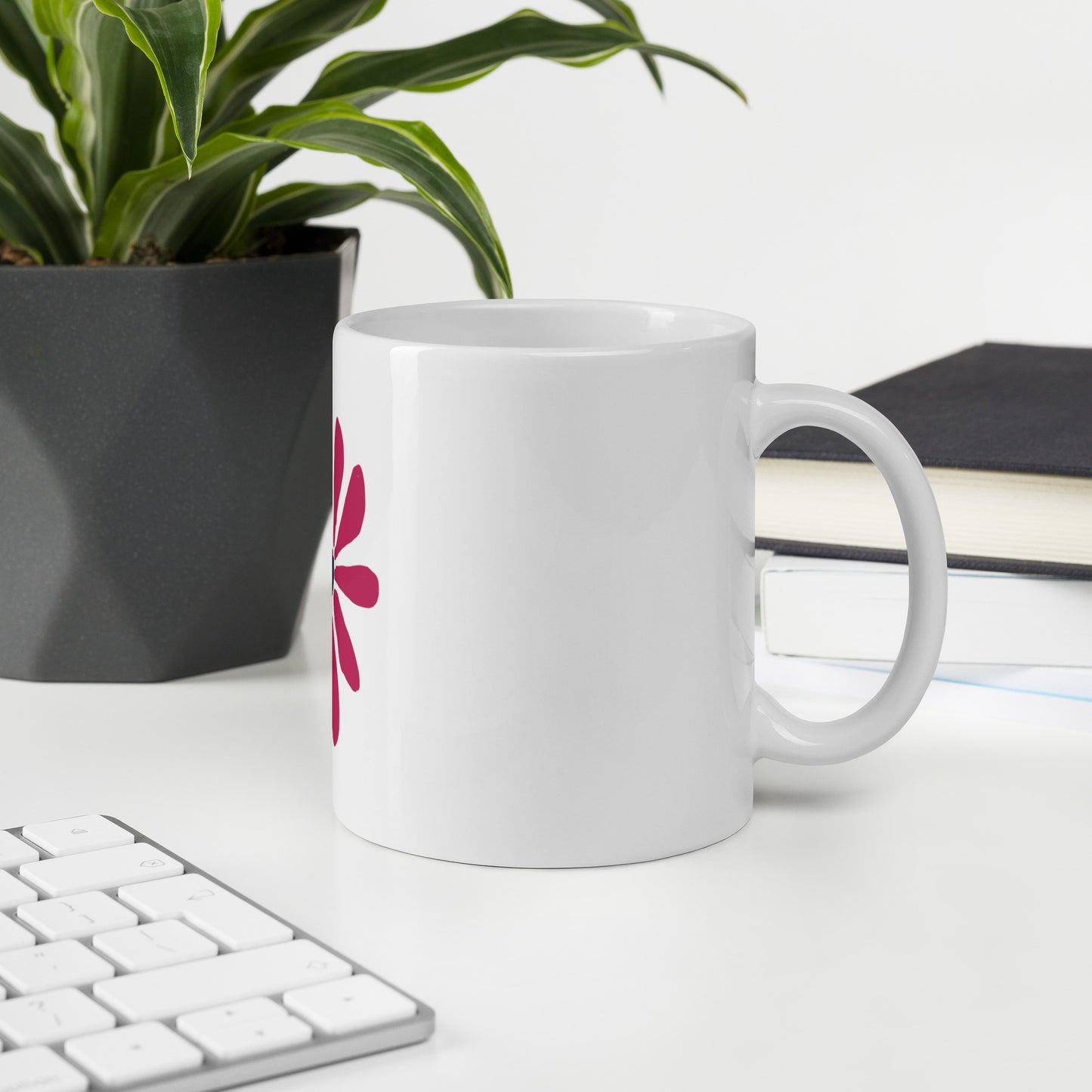 White glossy mug depicting abstract flower